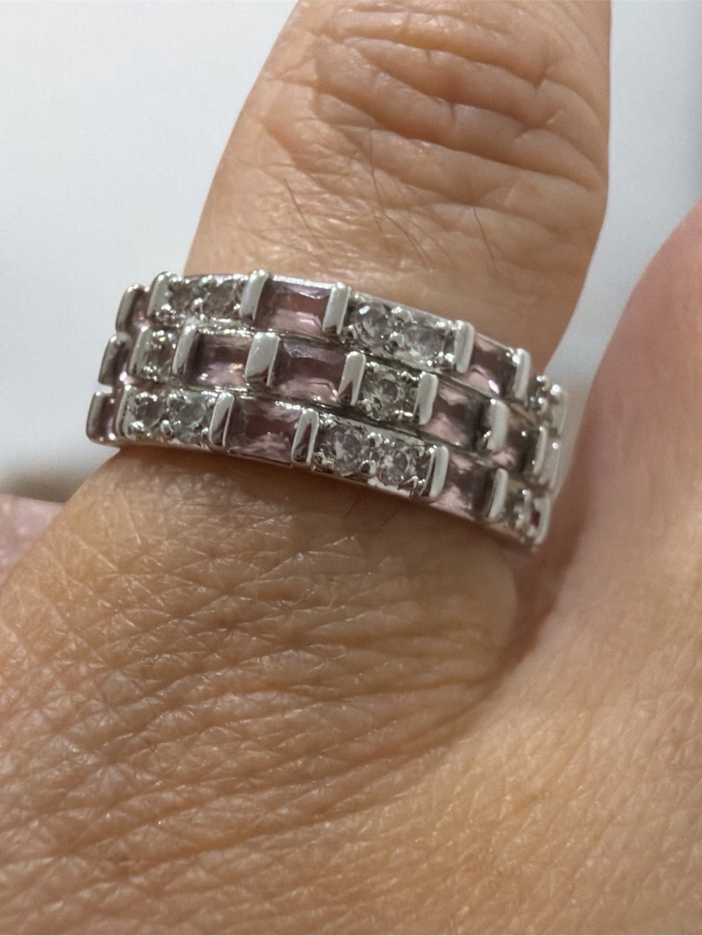 Sterling Silver Pink Enamel and Crystal Triple-Band Ring